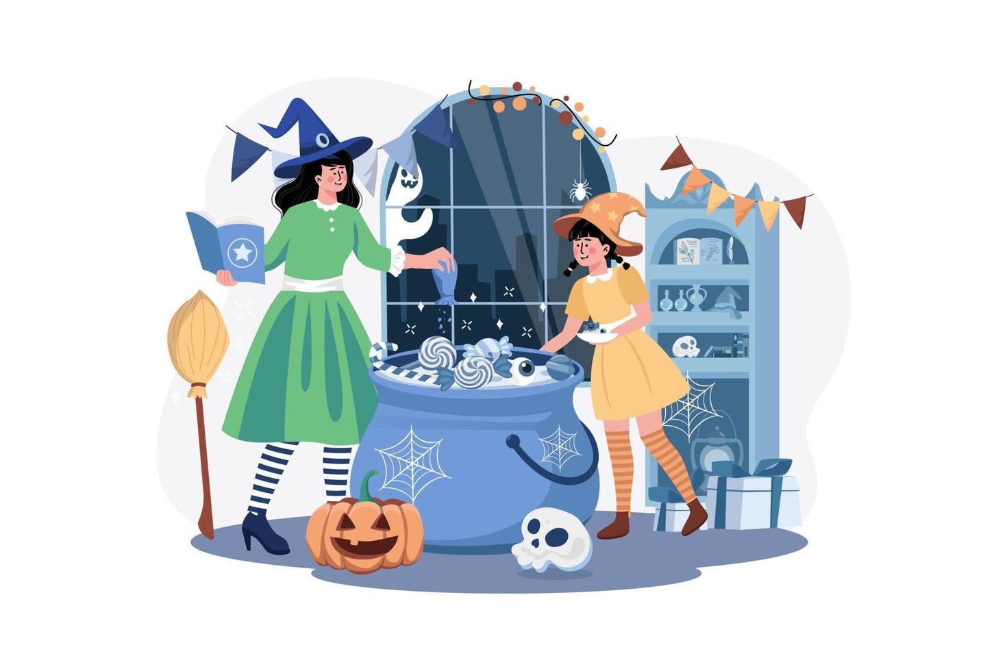 Mother And Daughter Are Preparing Food For The Halloween Party vector