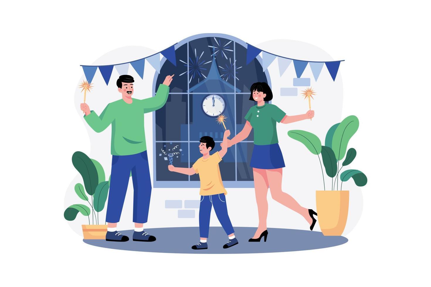 Family Greeting New Year's Eve With Flares vector