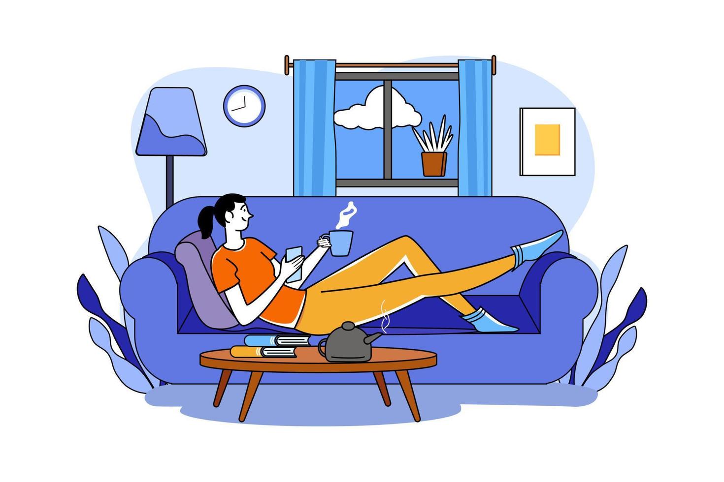 Girl heaving Coffee and relaxing on the sofa vector