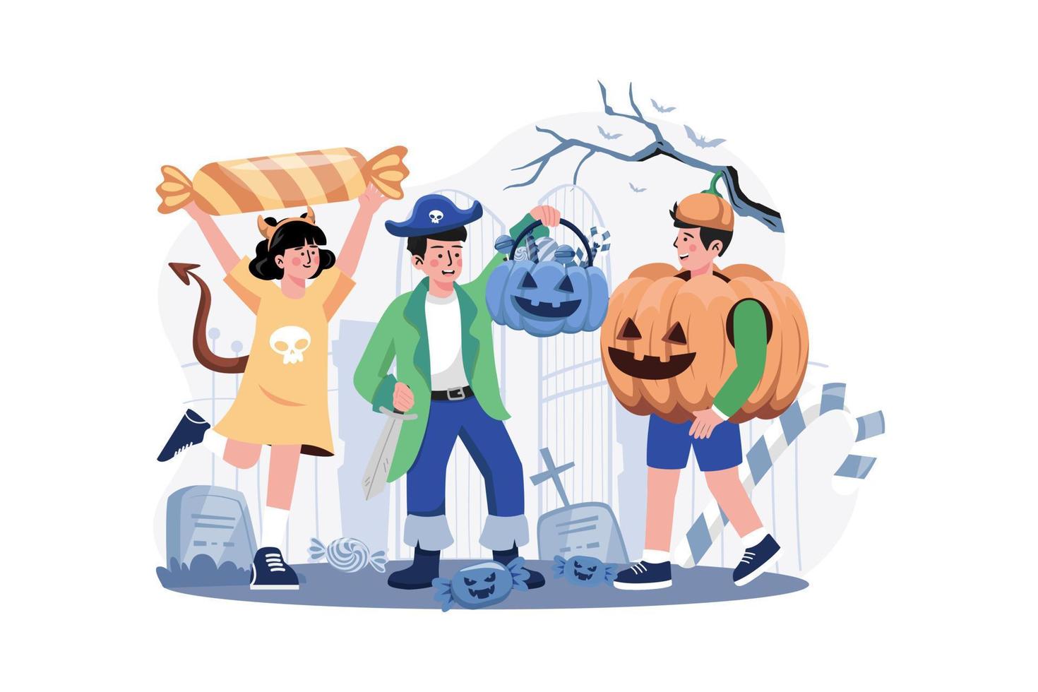 Three Children Dressed With Pumpkins. Halloween Concept. vector