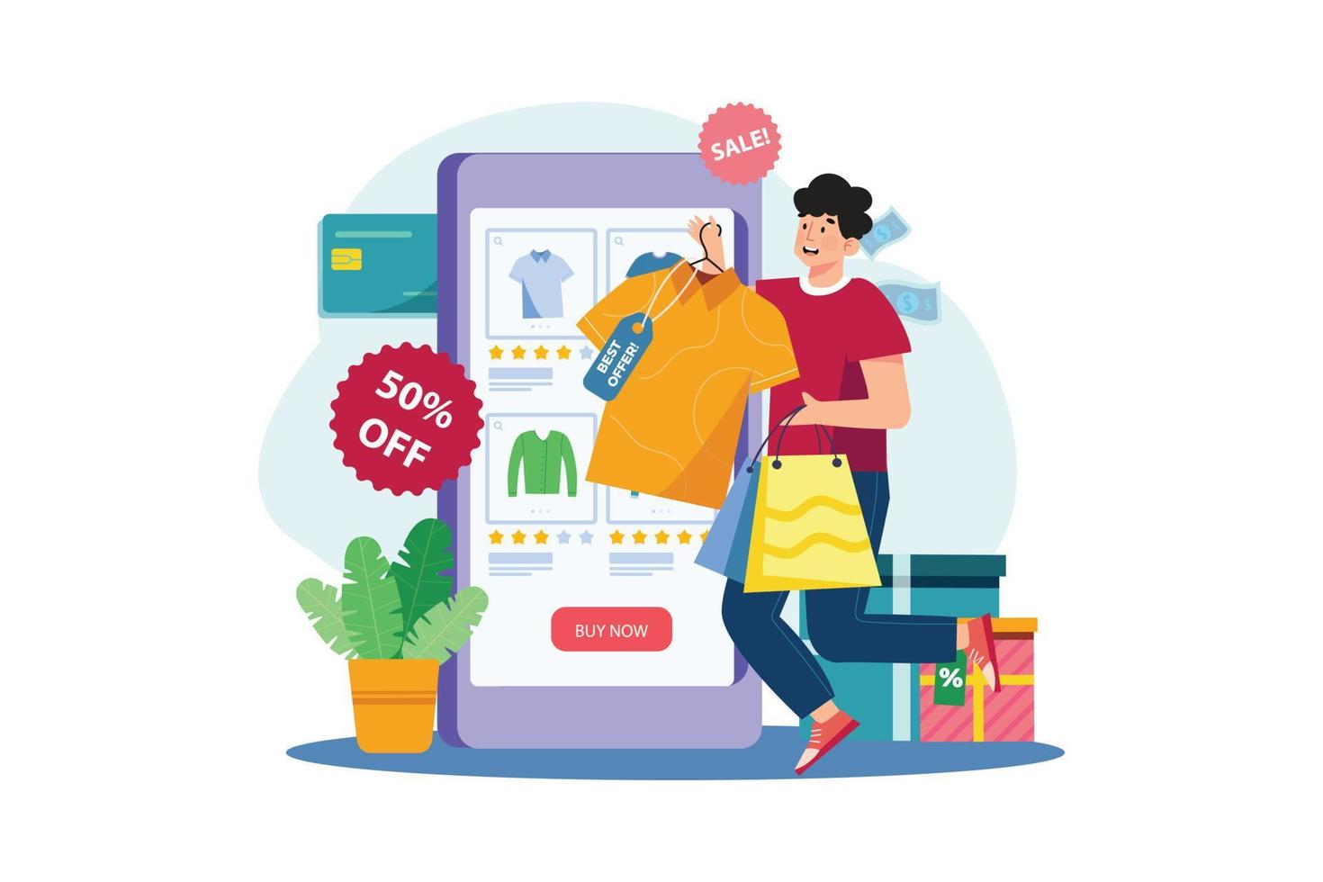 Man buying goods via the internet app. vector