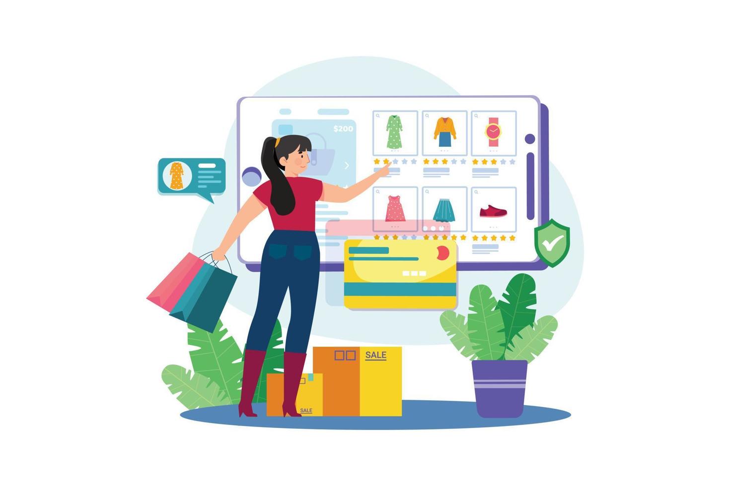 Shopaholic is making purchases in an online store. vector