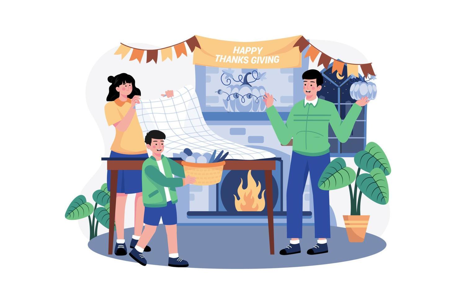 The Family Decorates For Thanksgiving Day Together vector