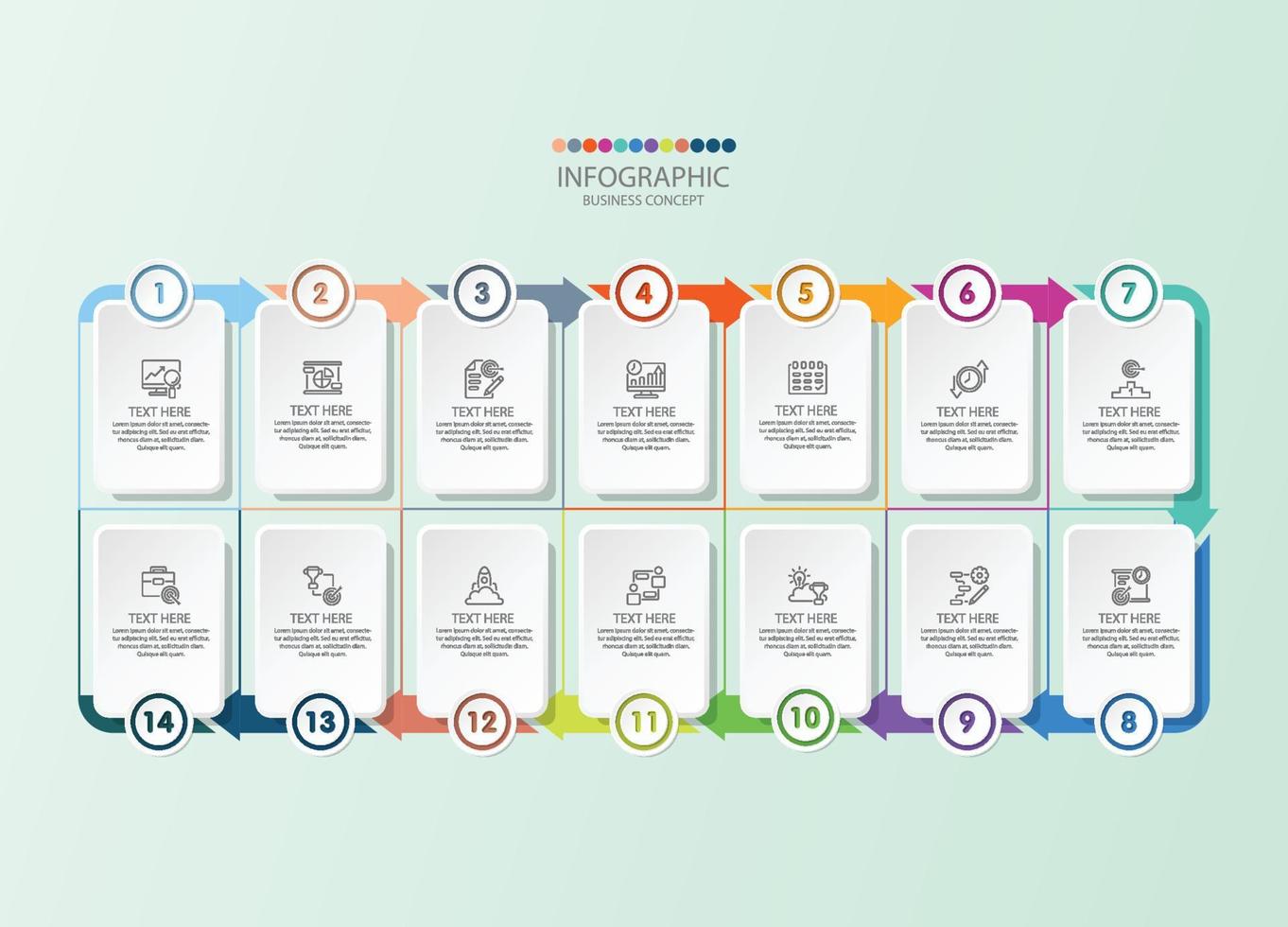 Square infographic with 14 steps, process or options. vector