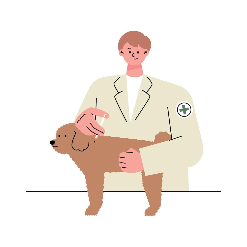 un veterinario masculino le está dando una inyección a un perro enfermo. ilustración vectorial plana. vector