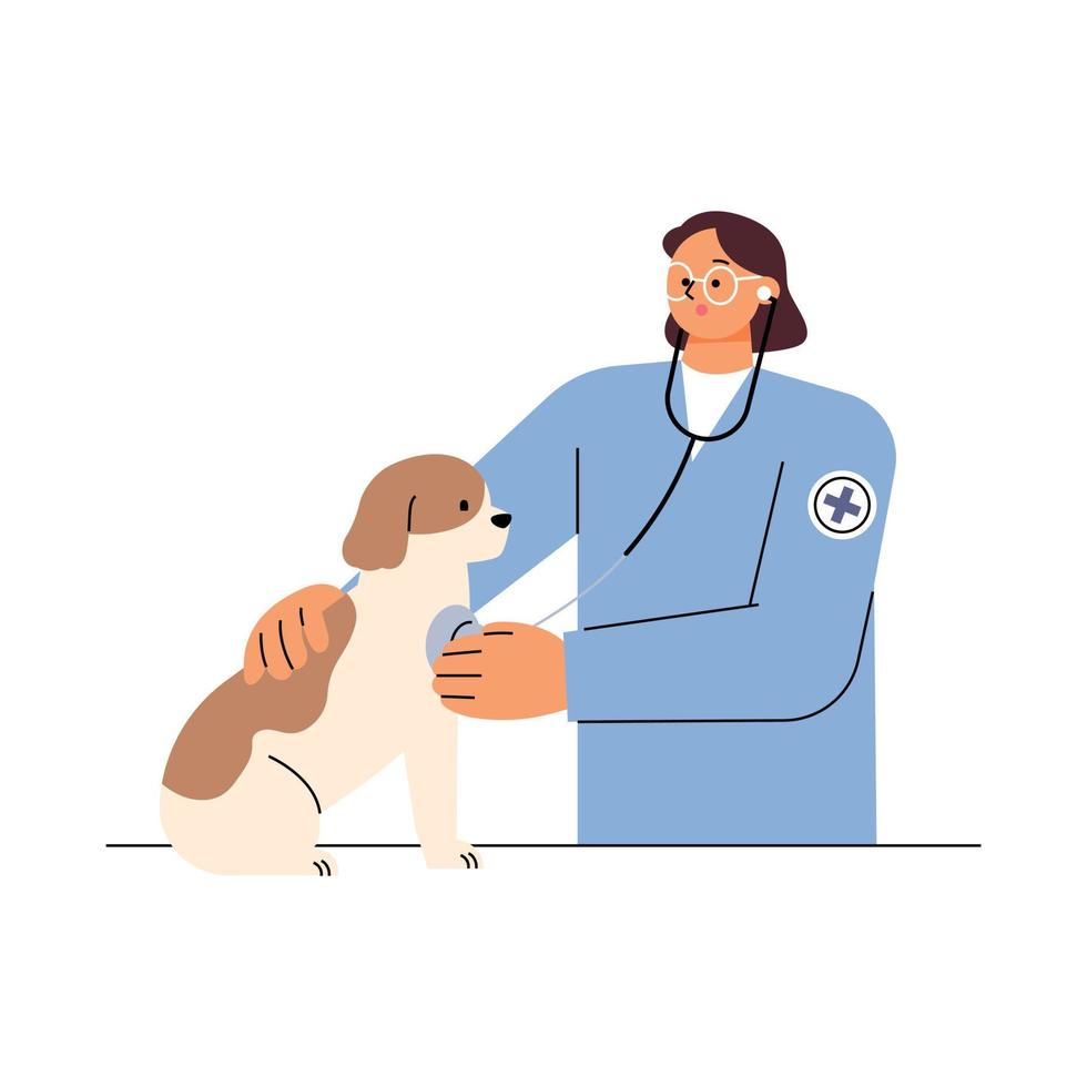 A female veterinarian is examining a dog patient with a stethoscope. flat vector illustration.