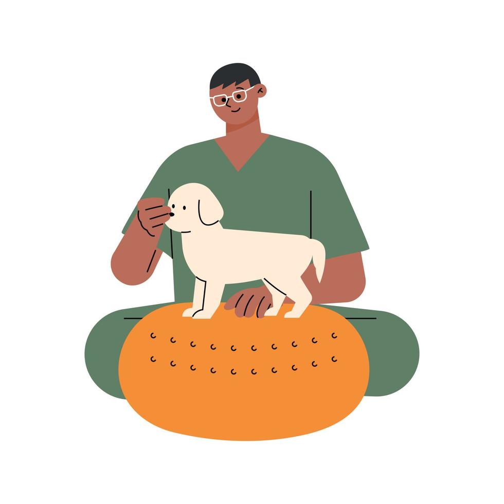 A veterinarian treats a dog on a physiotherapy instrument. flat vector illustration.