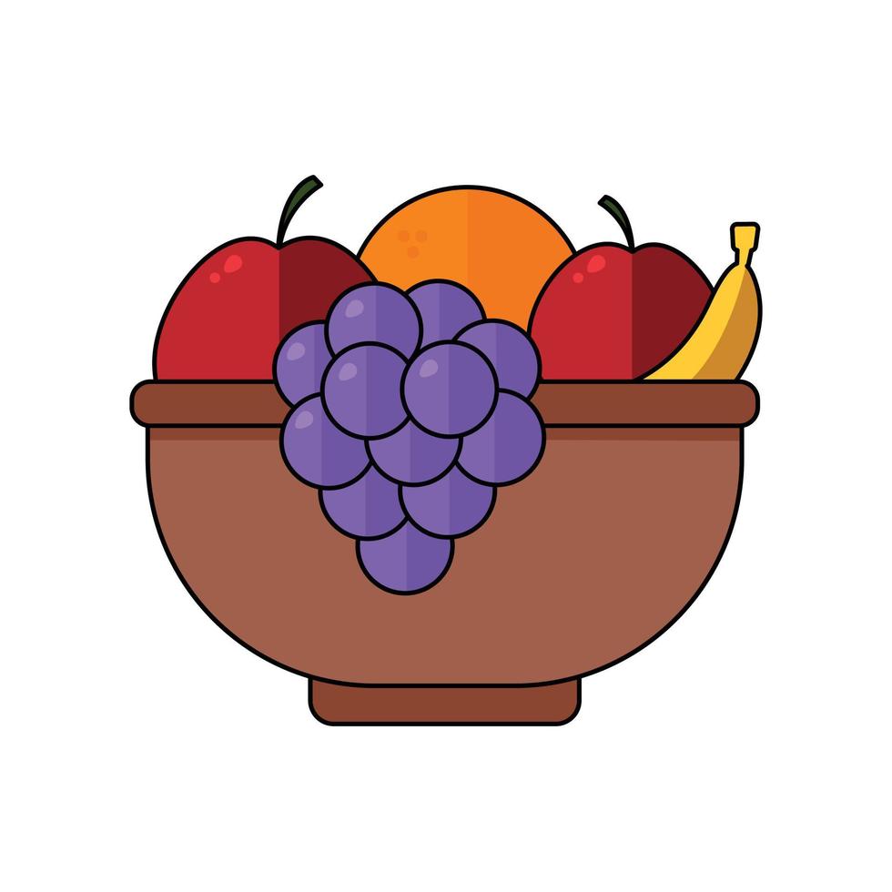 cuenco con frutas. ilustración vectorial simple en estilo plano con medias sombras, contorno aislado en fondo blanco. icono lineal de color de plato de fruta. cultivos de uva, manzana, plátano, naranja vector