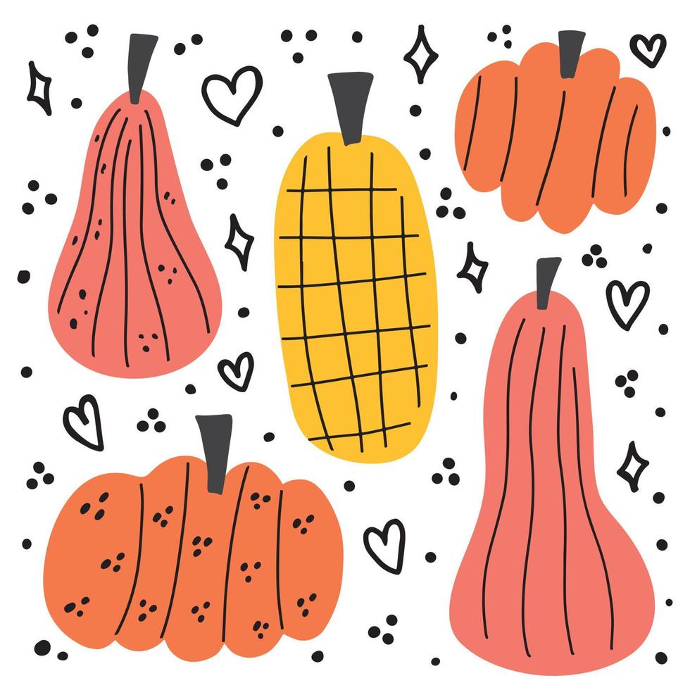 Cute hand drawn pumpkin doodle set. Different pumkin gourd decorated with lines, dots, hearts scribble. Simple autumn fall clip art collection. Thanksgiving, Halloween children design vector