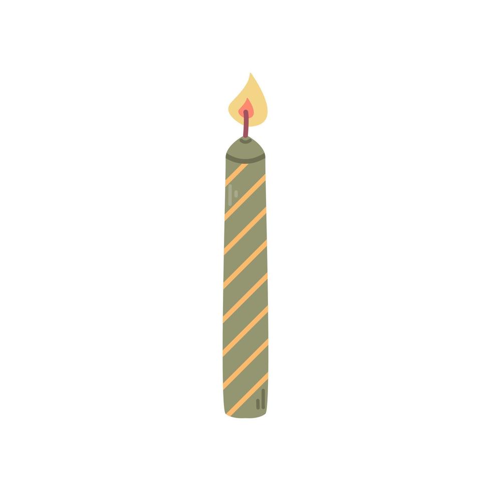 Lit candle in green candlestick, vector flat illustration on white background