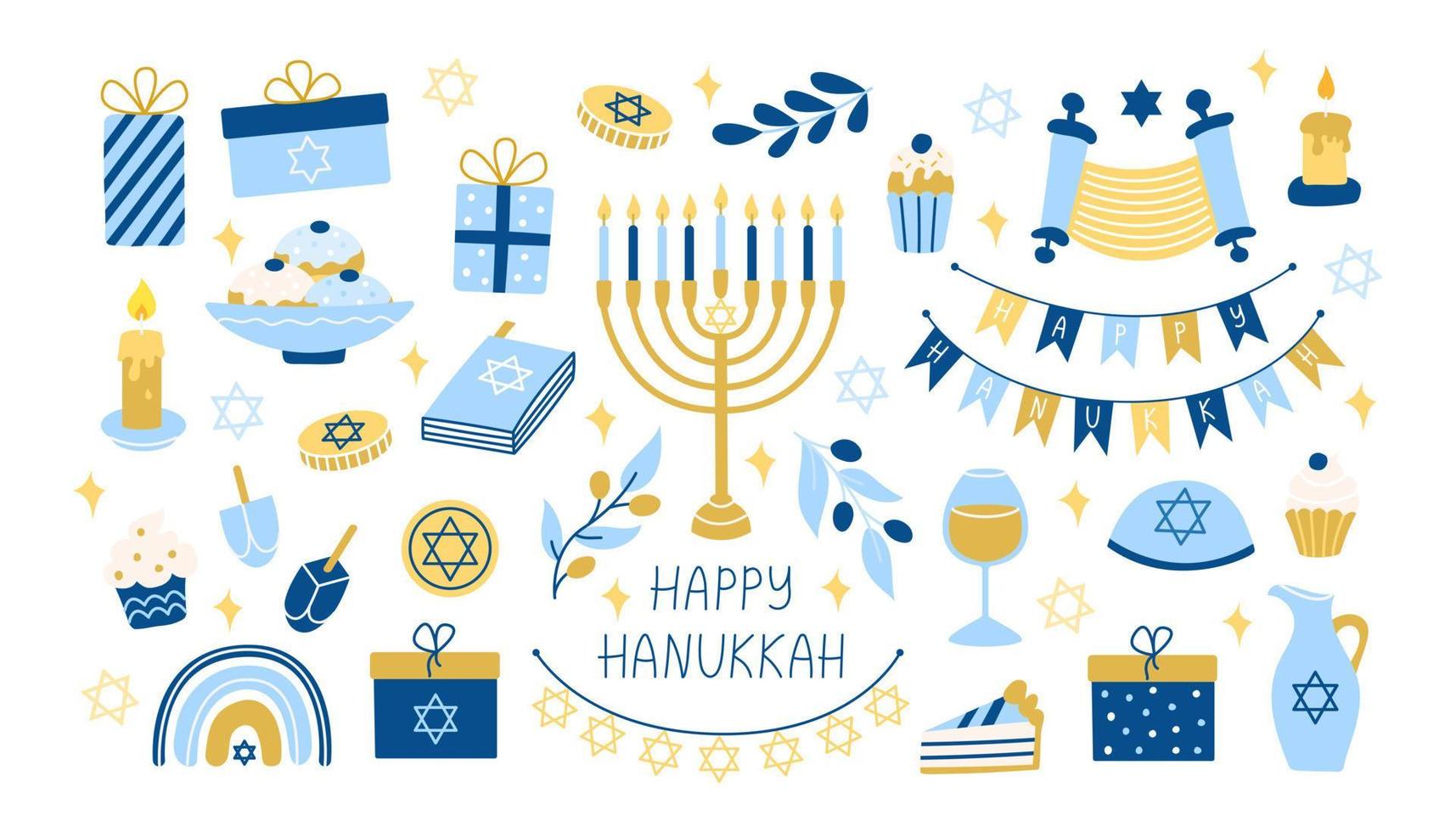 Big Hanukkah set. Collection of festive religious flat symbols with menorah, coins, donuts for design. Vector illustration on white background