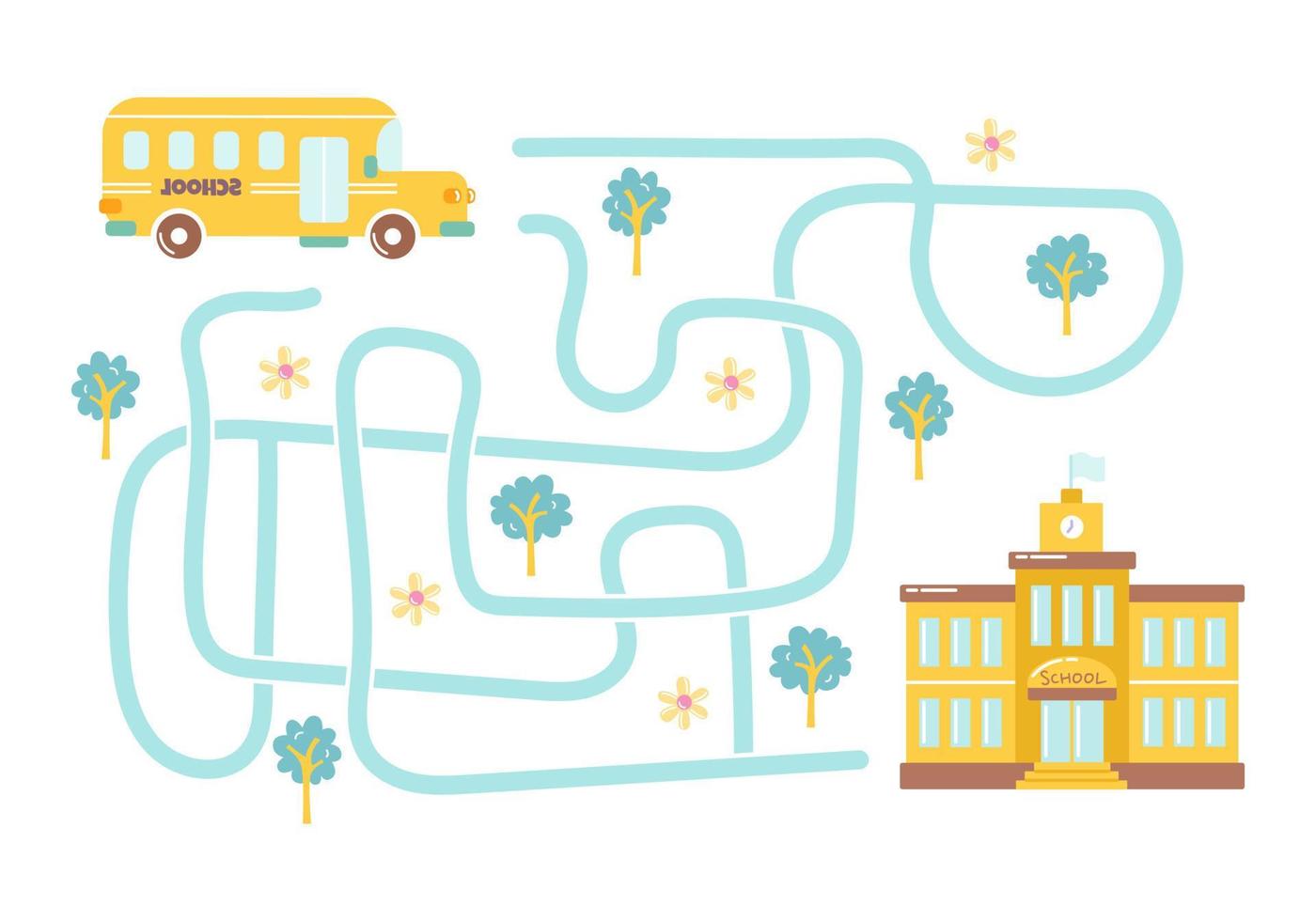 Labyrinth, help the bus find the right way to school. Logical quest for children. Cute illustration for children's books, educational game vector