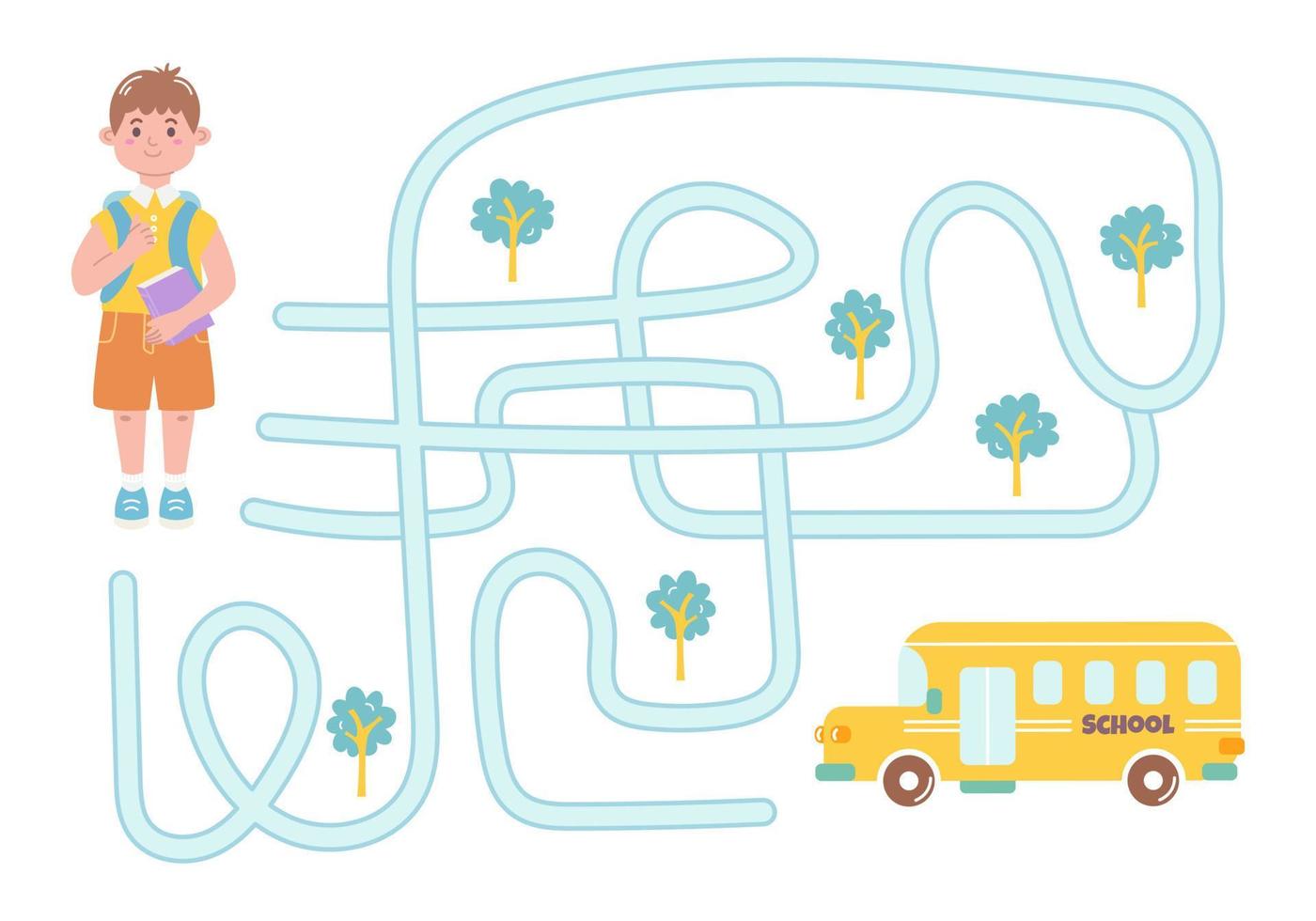 Labyrinth, help the boy find the right way to the school bus. Logical quest for children. Cute illustration for children's books, educational game vector