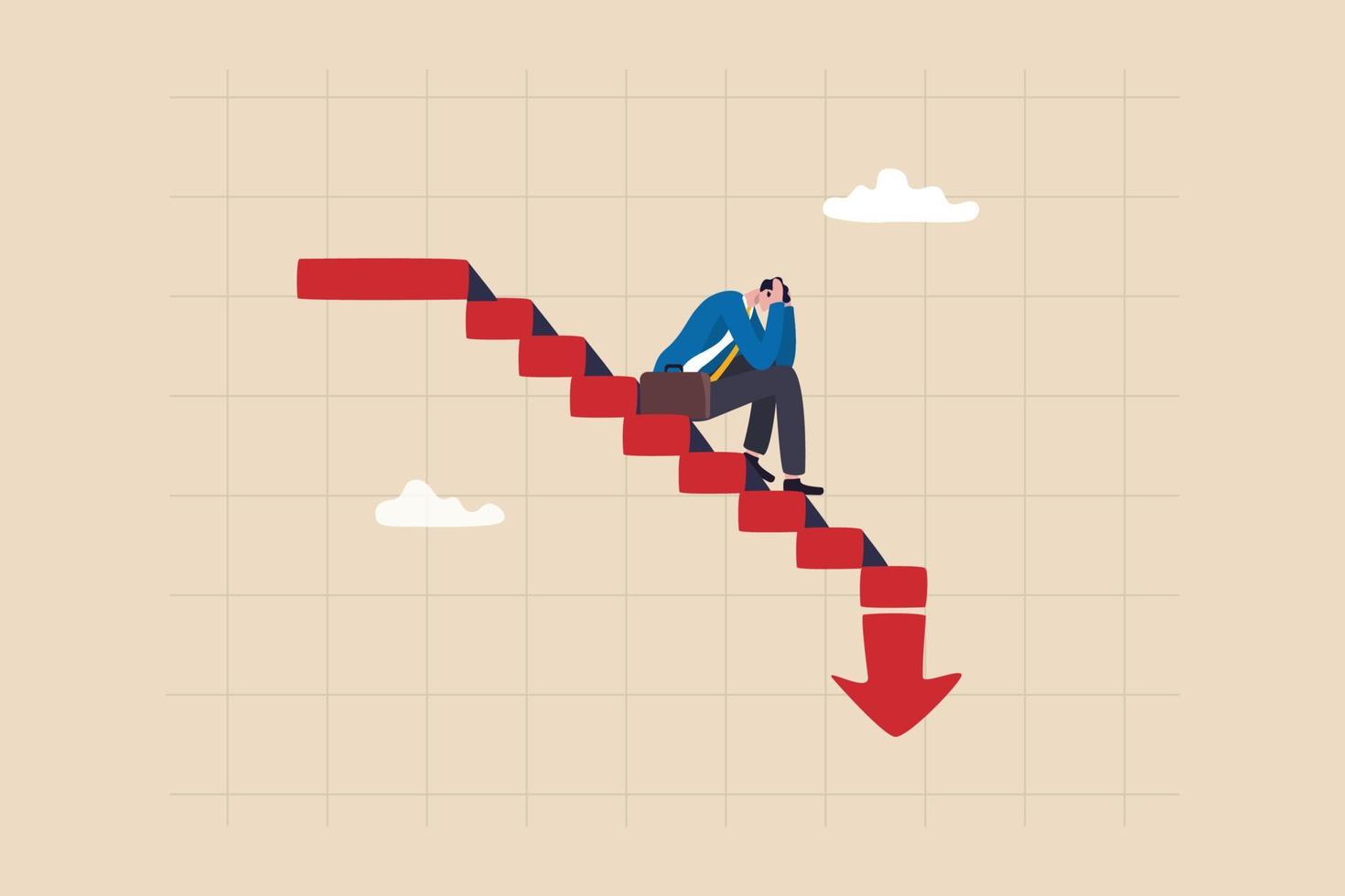 Capital loss or losing money from investment, stock market go down or decline, recession or economic slow down, stock market crisis concept, broke businessman investor on red decline graph and chart. vector