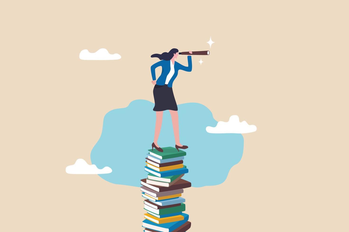 Book or education to help career advancement, knowledge or wisdom for business visionary, leadership or opportunity concept, confidence businesswoman leader on high books stack look through telescope. vector