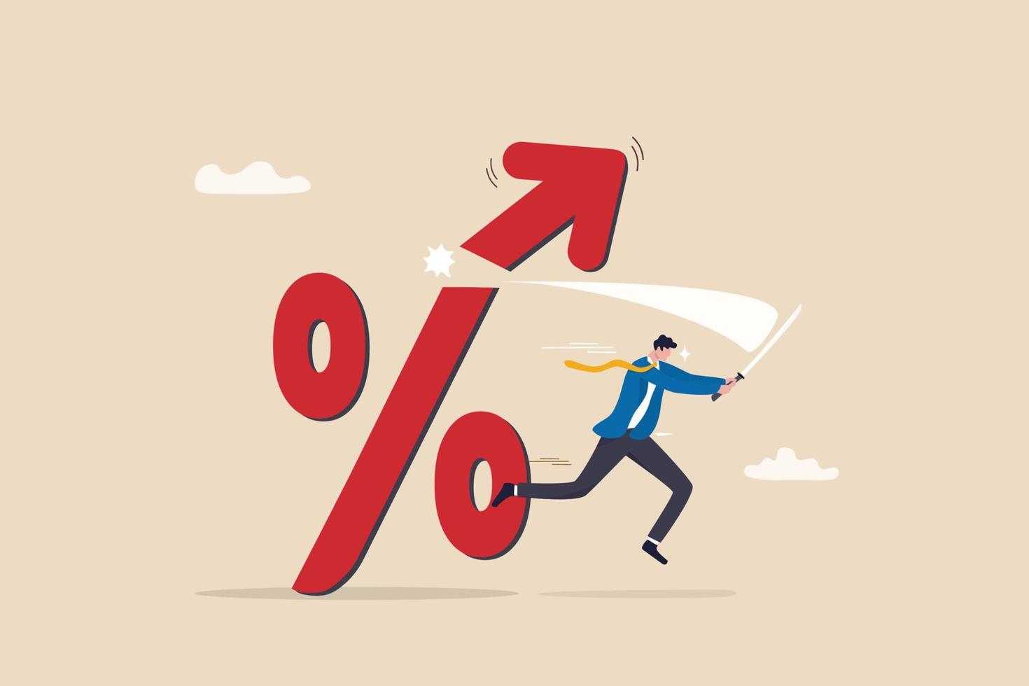Cut or reduce inflation by monetary policy, FED, federal reserve or central bank increase interest rate to control inflation to acceptable level concept, businessman cut percentage sign with sword. vector