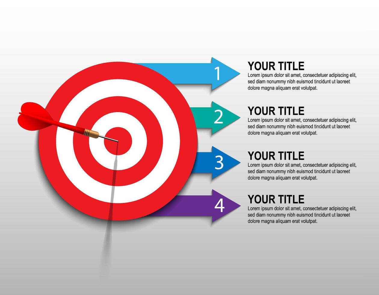 Red dart hit to center of dartboard with arrow for infographic. Arrow on target. Business success, investment goal, marketing challenge, financial strategy, purpose achievement, focus ideas concept. vector