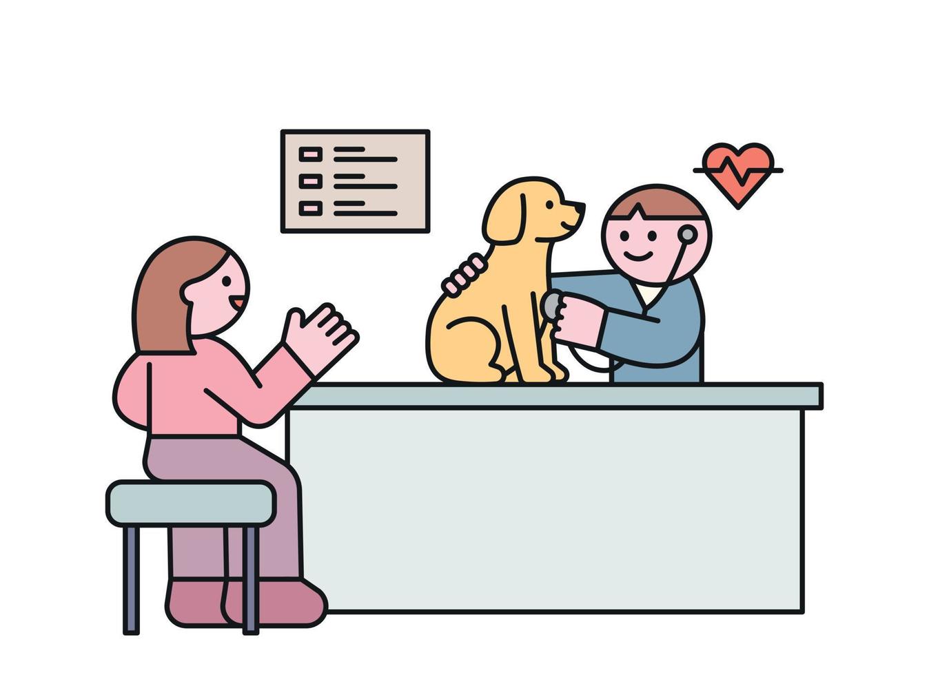 A veterinarian is examining a dog with a stethoscope. The owner of the dog is talking. flat vector illustration.