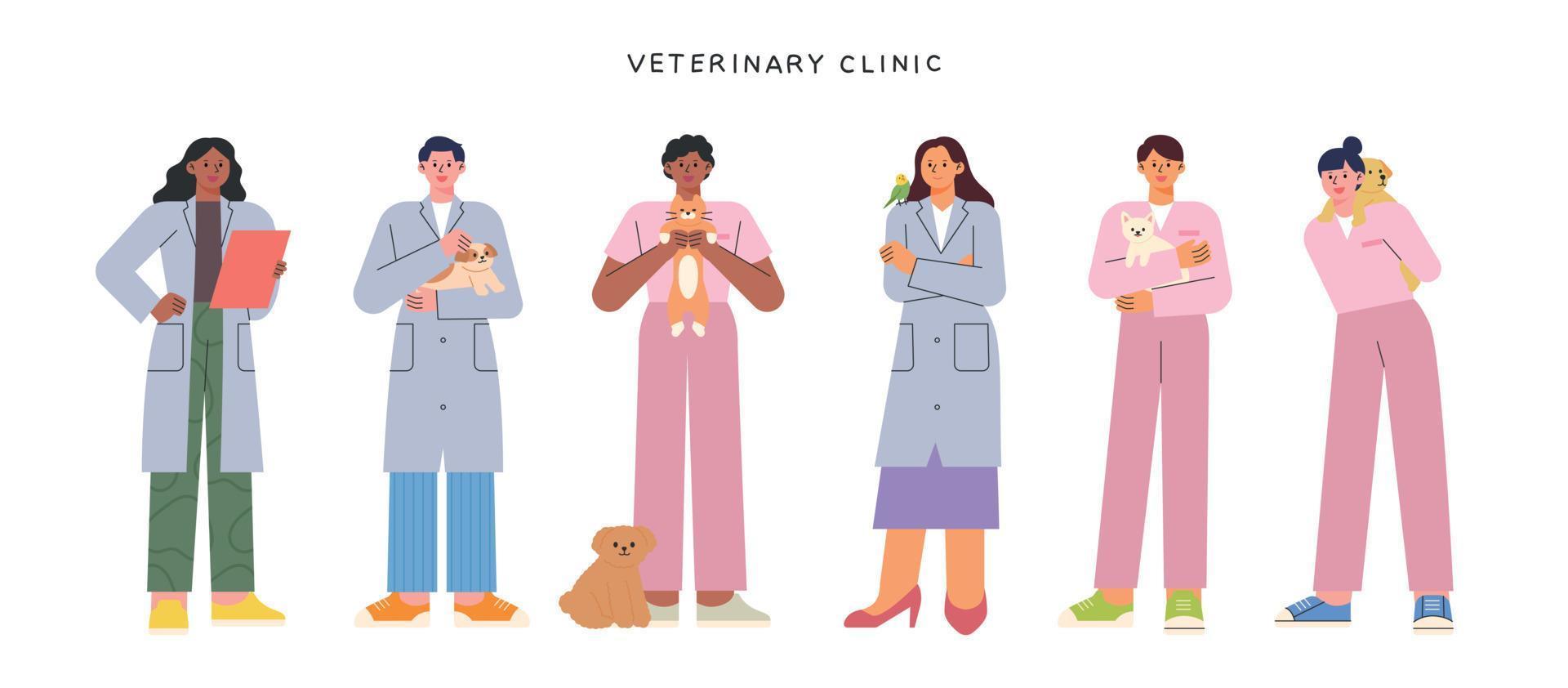 Veterinarians in uniform stand with animals. flat vector illustration.