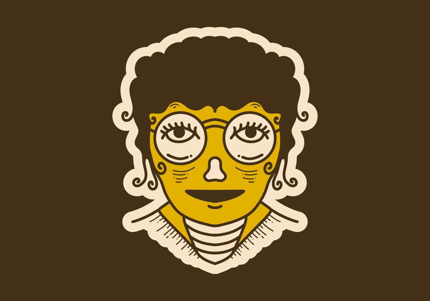 Vintage art illustration of a curly girl face wearing big round glasses vector