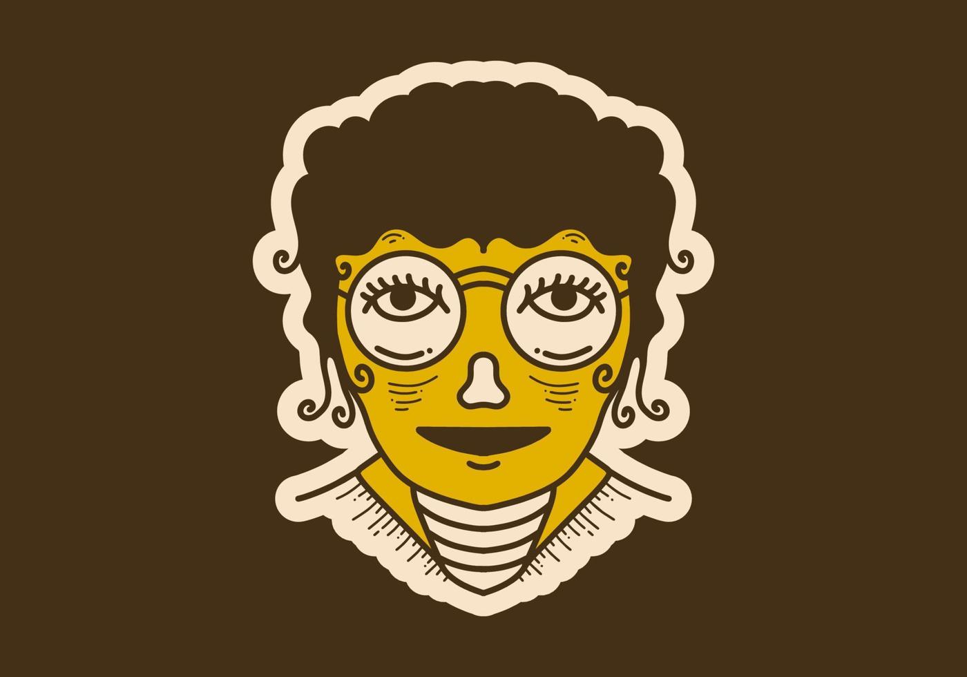 Vintage art illustration of a curly girl face wearing big round glasses vector