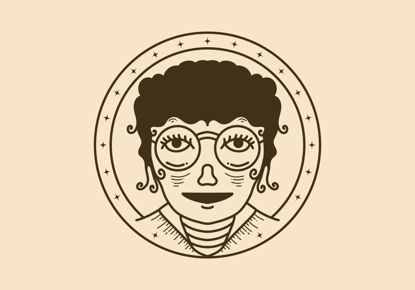 Vintage art illustration of a curly girl face wearing big round glasses vector