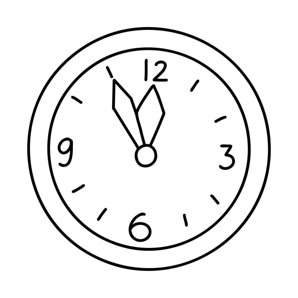 Doodle Christmas or New year clock shows five minutes to twelve. Cartoon element, vector sketch illustration, black outline art for web design, icon, print, coloring page