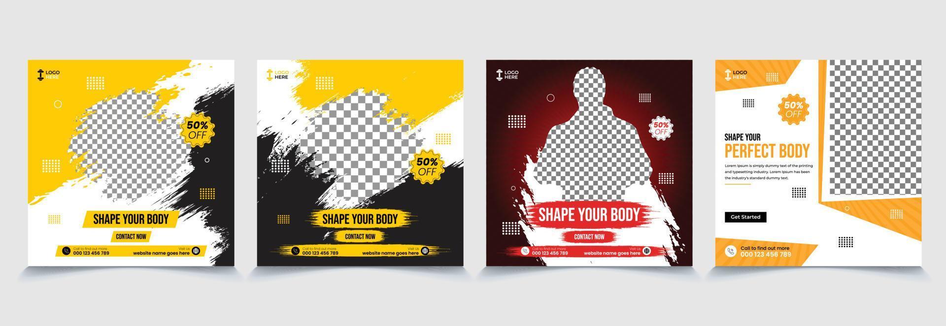 Square Fitness training and gym social media post or web banner template vector