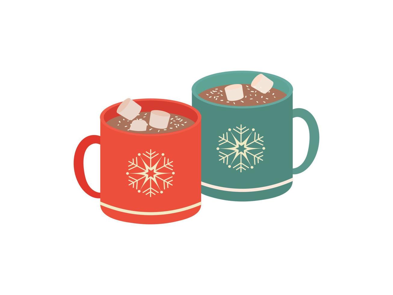 Hot chocolate with marshmallows. Two cups with an ornament in the form of a snowflake. Vector illustration.