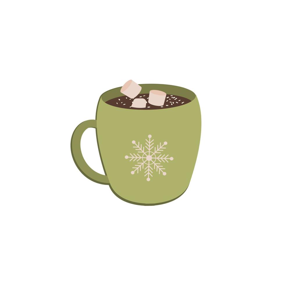 Hot chocolate with marshmallows. A cup with an ornament in the form of a snowflake. Vector illustration isolated on a white background