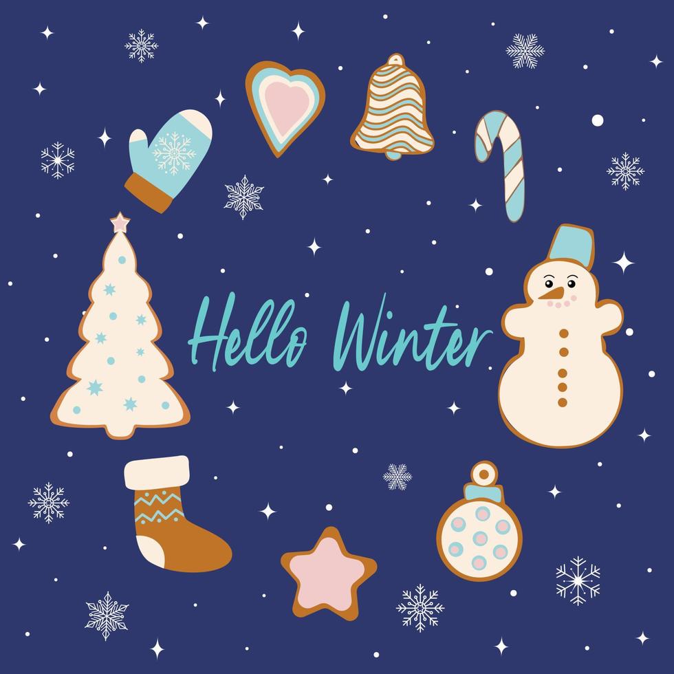 Hello winter. Circle of gingerbread cookies. Vector illustration isolated on blue background.