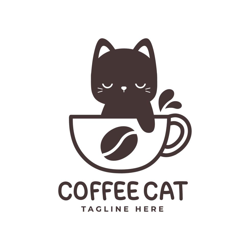 cute cat logo with coffee cup vector