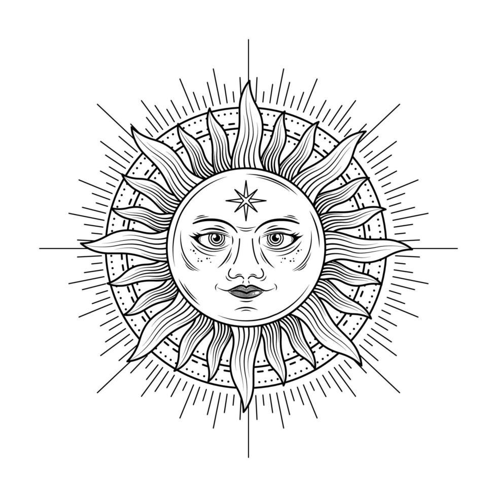 monochrome celestial sun with face logo design vector