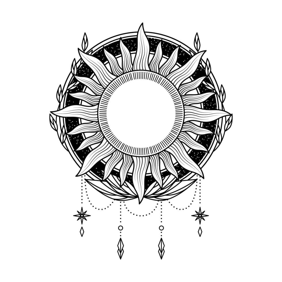 monochrome celestial sun with floral logo design vector