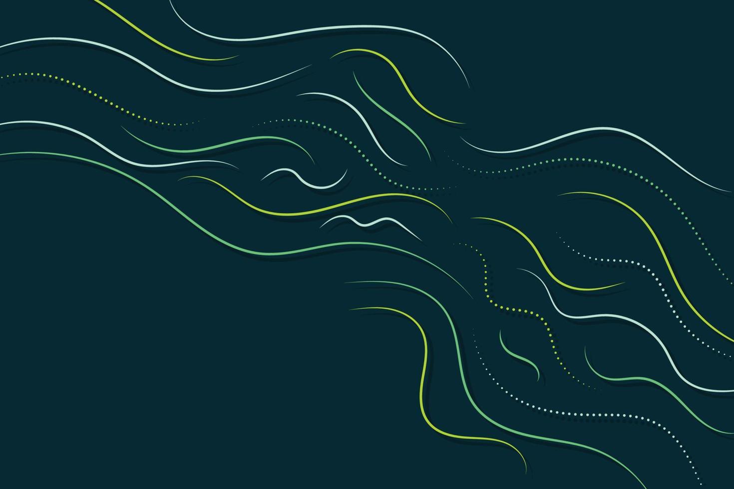 líneas onduladas verdes y amarillas simples y minimalistas sobre fondo negro. ondas de líneas finas abstractas y formas geométricas punteadas ilustración de fondo vector