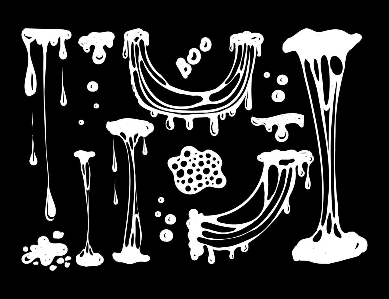 A set of spots, drawn elements in a doodle style. White splashes of mucus, stretching mucus, toxic dripping mucus. Splashes and drops of mucus, liquid borders. Isolated vector shapes on black