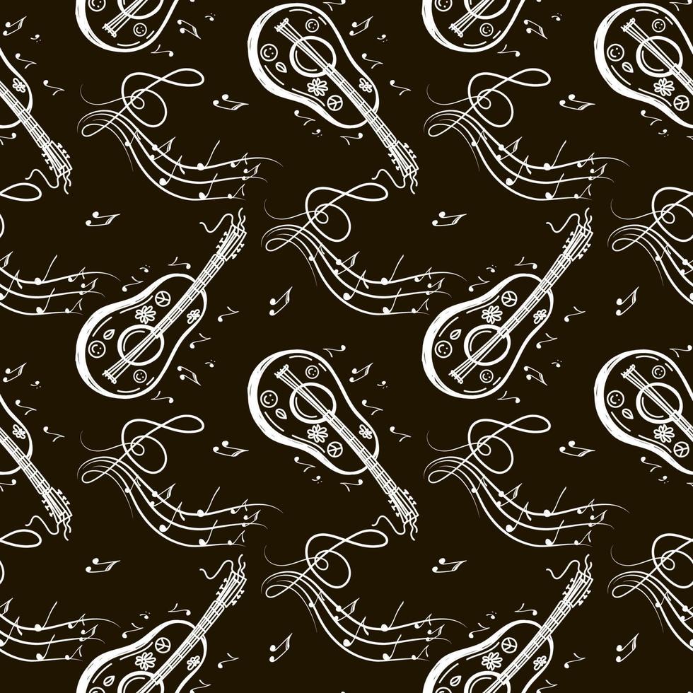 A seamless pattern of musical symbols, guitar, ukulele, notes, and violin keys. Hand-drawn doodle-style elements. Vector illustration on black background