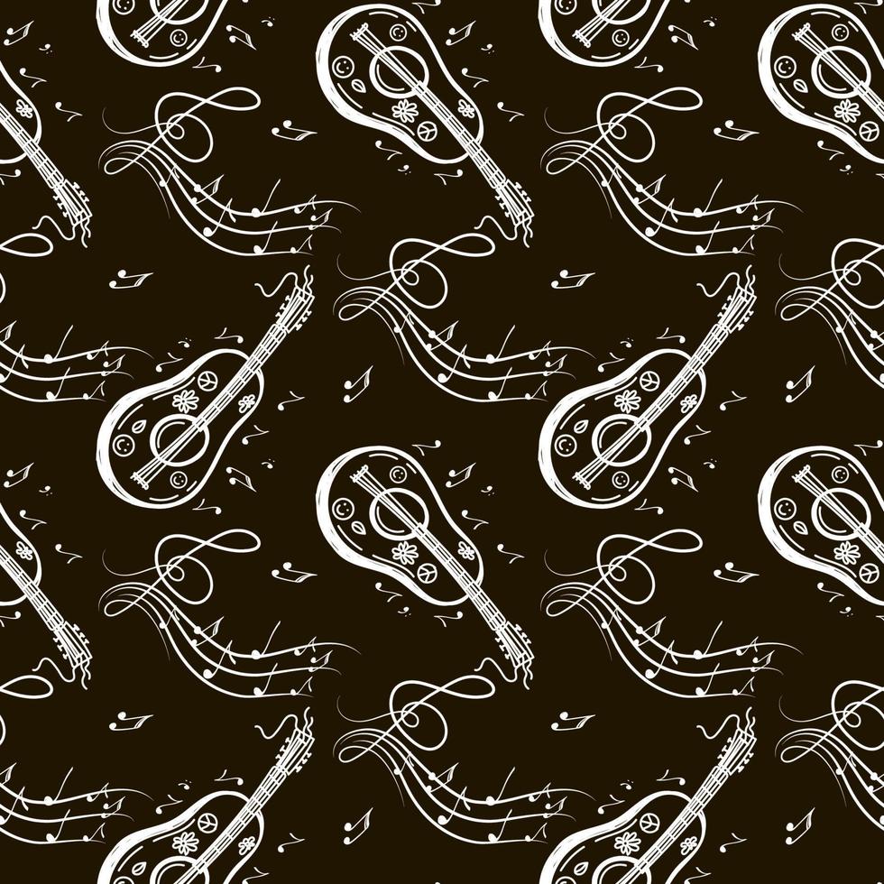 A seamless pattern of musical symbols, guitar, ukulele, notes, and violin keys. Hand-drawn doodle-style elements. Vector illustration on black background