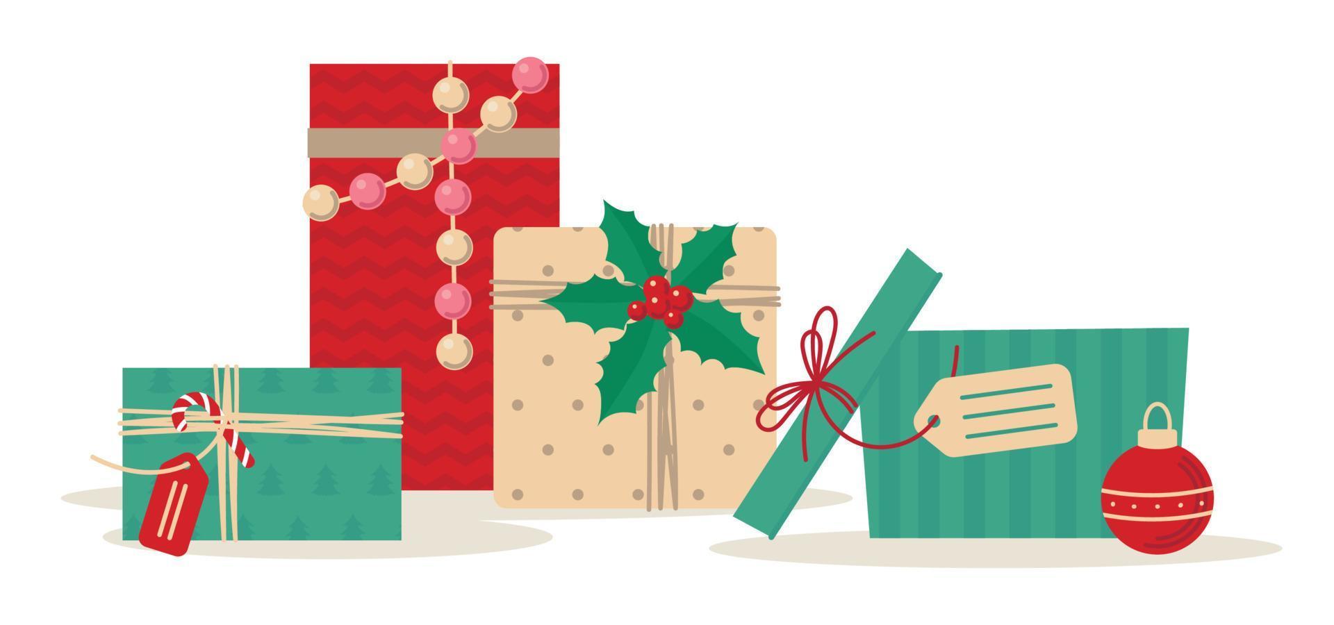 Gift boxes with Christmas decor. Vector image.