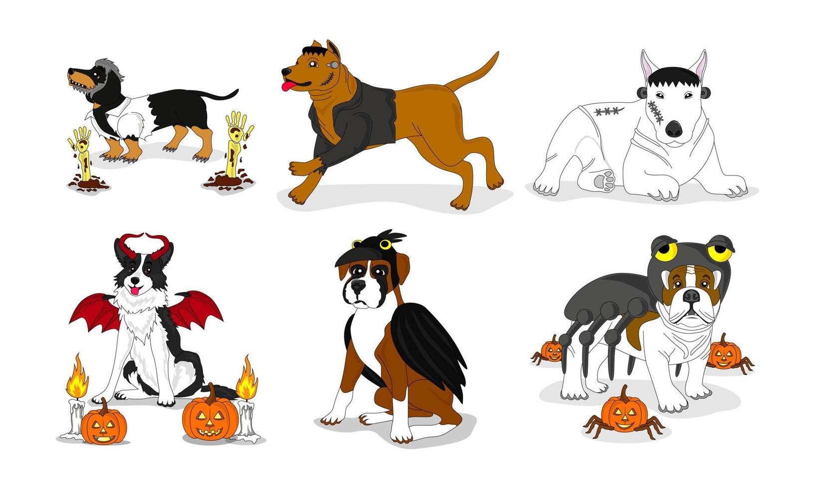 colección de perros con disfraces de halloween, ilustraciones, vectores, editable, eps 10 vector