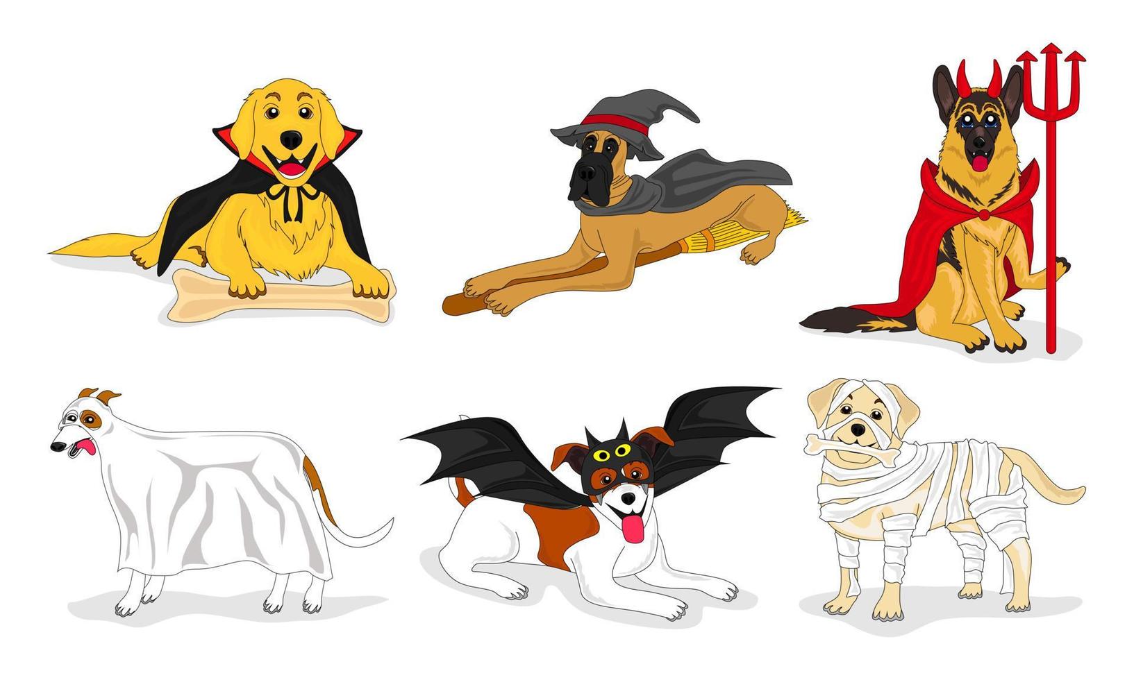 colección de perros con disfraces de halloween, ilustraciones, vectores, editable, eps 10 vector