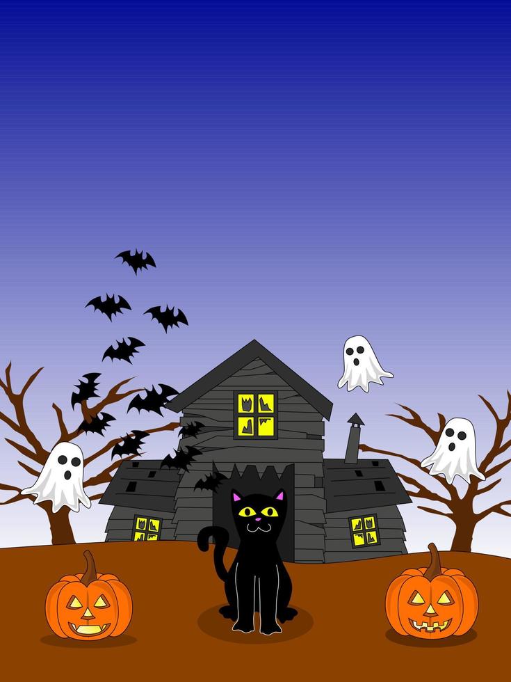 halloween theme poster with copy space, creepy old house, black cat, ghost and jack o'lantern, great for Halloween party invitations, backgrounds, websites, t-shirts and more vector