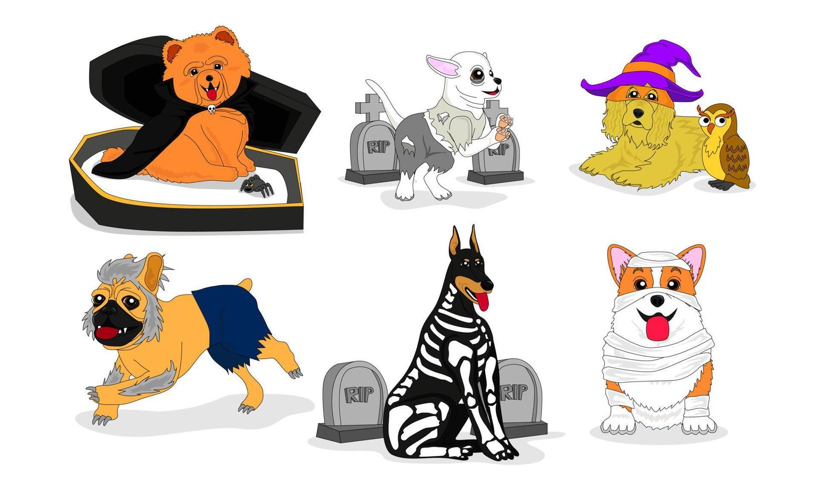 Collection of dogs wearing halloween costumes, illustrations, vectors, editable, eps 10 vector