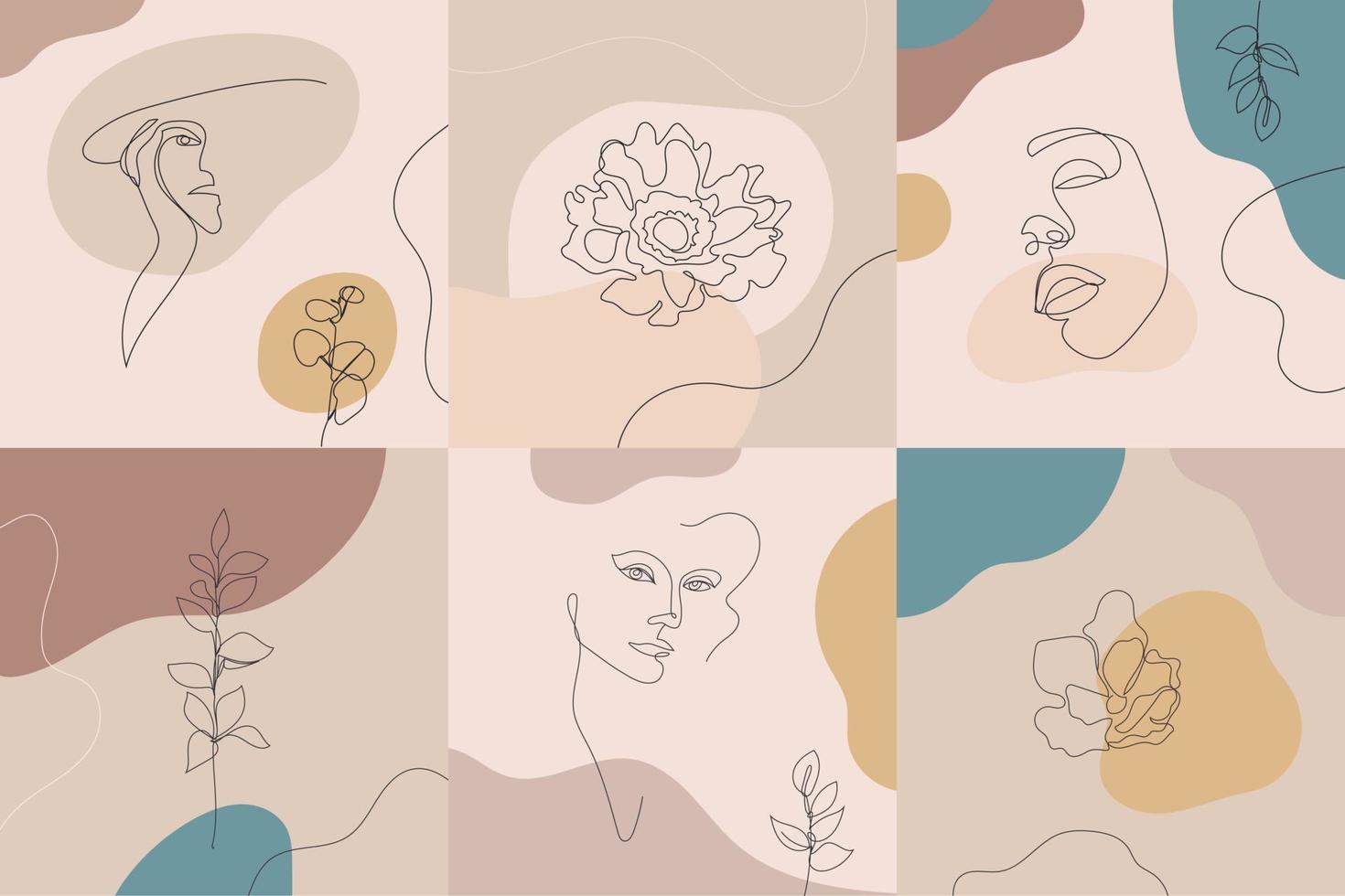 Vector beauty backgrounds, social media stories, posts feed layouts. Set of illustrations with one line continuous woman face and leaves, flowers. Contemporary collage with spots, square shape.