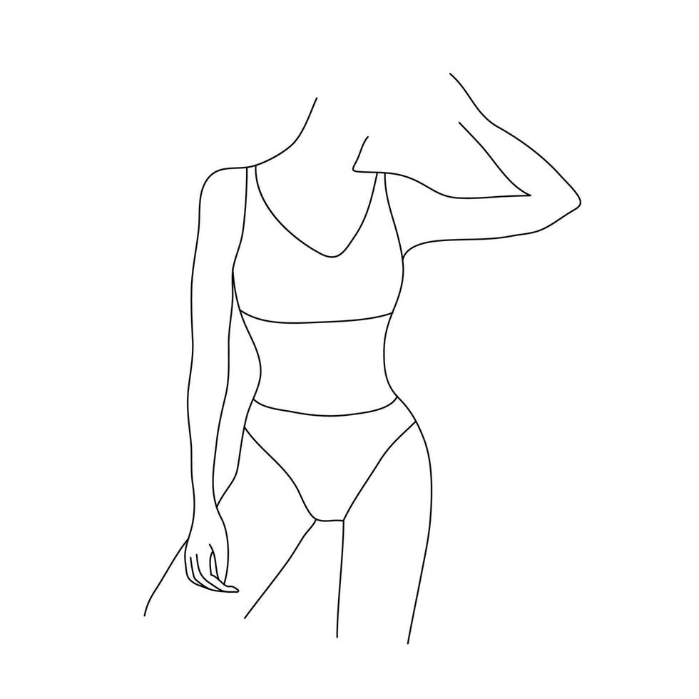 vector ilustración de cuerpo de mujer hermosa. figura femenina lineal minimalista. lencería abstracta, arte de línea sensual bikini. cuerpo positivo