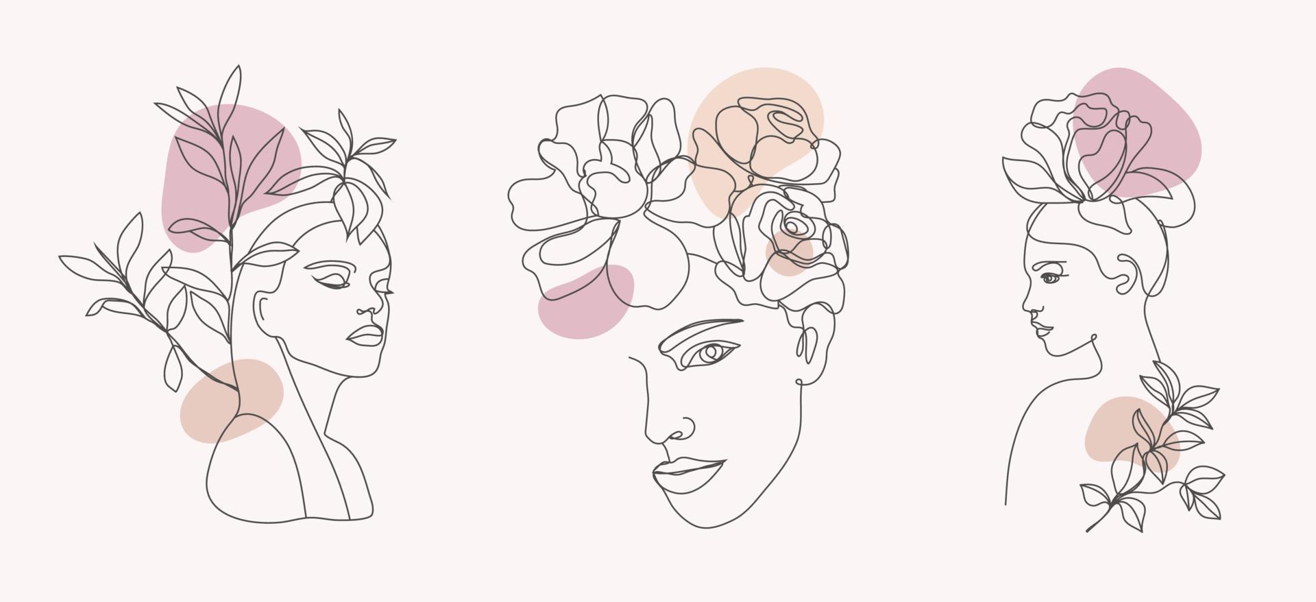 conjunto vectorial de caras de mujeres, ilustraciones de arte lineal, logos con flores y hojas, concepto de naturaleza femenina. uso para estampados, tatuajes, carteles, textiles, logotipos, tarjetas, etc. caras de mujeres hermosas vector