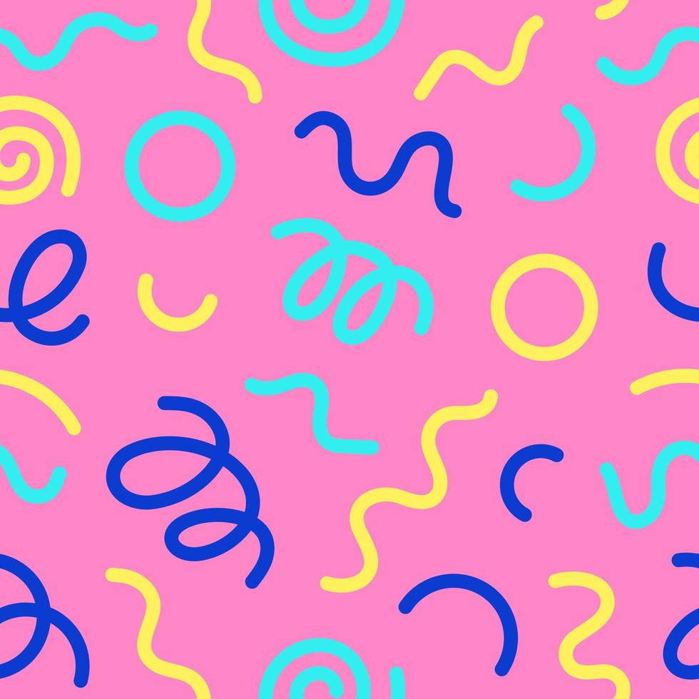 Seamless pattern of bright neon doodle lines. Creative artistic background in the style of the 90s. Trendy design with basic geometric wavy shapes. Psychedelic style vector