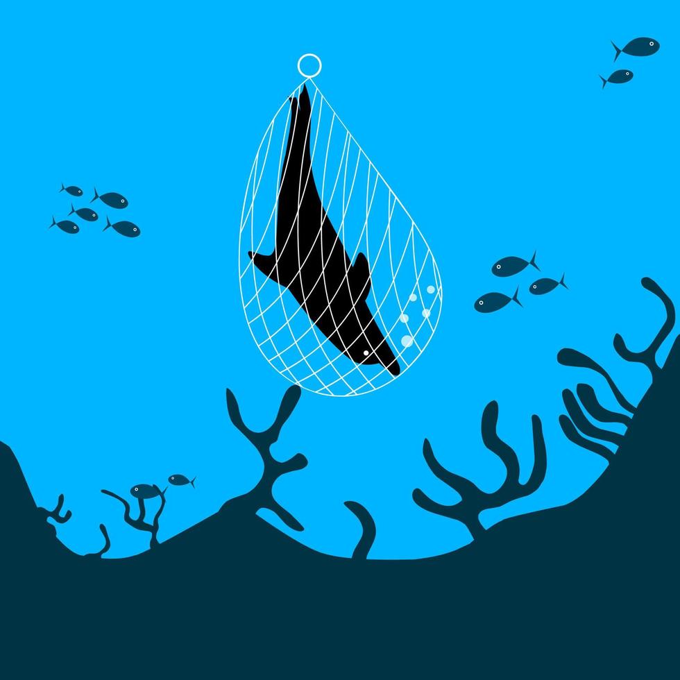 Vector silhouette of a dolphin caught in a fishing net. Do not catch dolphins with nets, animals are protected. Blue sea background.