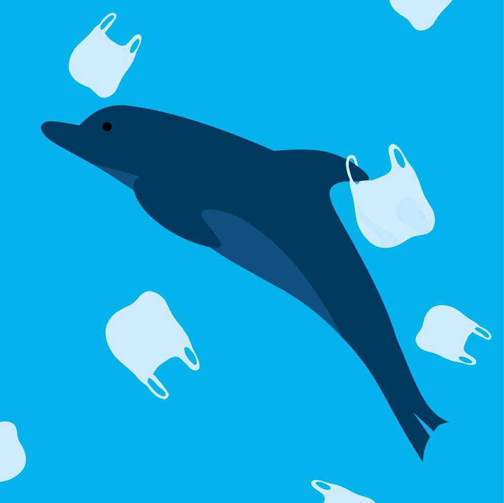 Plastic waste pollution in the sea. Silhouette of a dolphin swimming in a sea and trapped in a plastic bag. Plastic waste. Polluted sea background illustration. vector