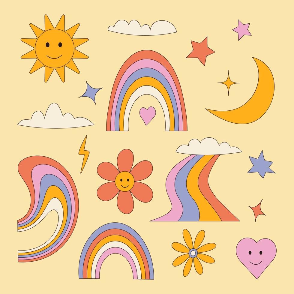 Set of hippie retro cool psychedelic elements. A collection of groovy cliparts from the 70s. Abstract design of cartoon stickers. Trend vector illustration
